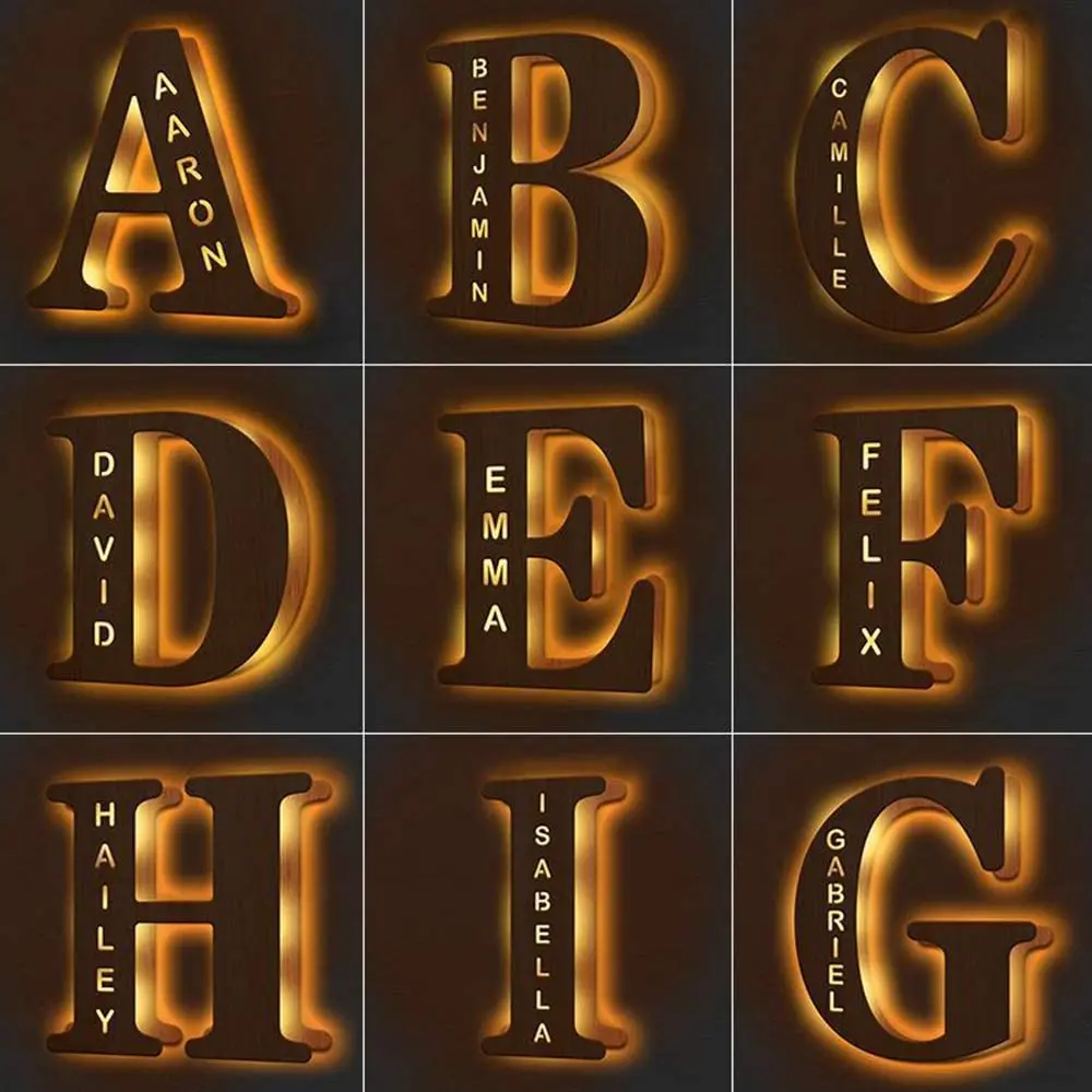 26 Letters Custom Name LED Wooden Night Lights Fashion Bedroom Wall Decor USB Light Personalized Jewelry Wood Lamp Accessories