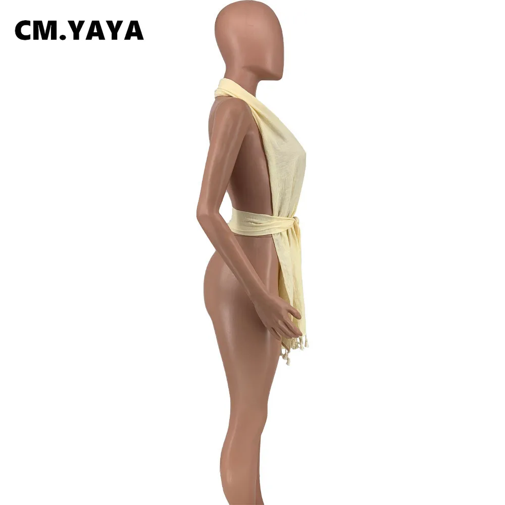 Женские топы без рукавов CM.YAYA однотонные Асимметричные бандажные с поясом и