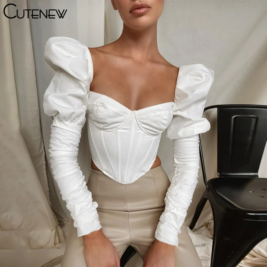 

Cutenew Elegant Romantic Irregular Croped Corset Top Women Stylish Puff Sleeve Vacation Crop Top Skinny Casual Streetwear Female