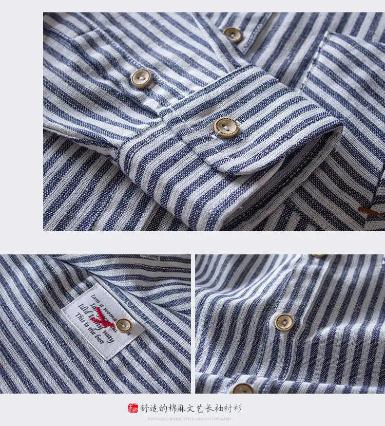 

2021 striped shirts men long sleeve turn down collar linen cotton casual shirts mens Chinese vintage style slim fit shirt male