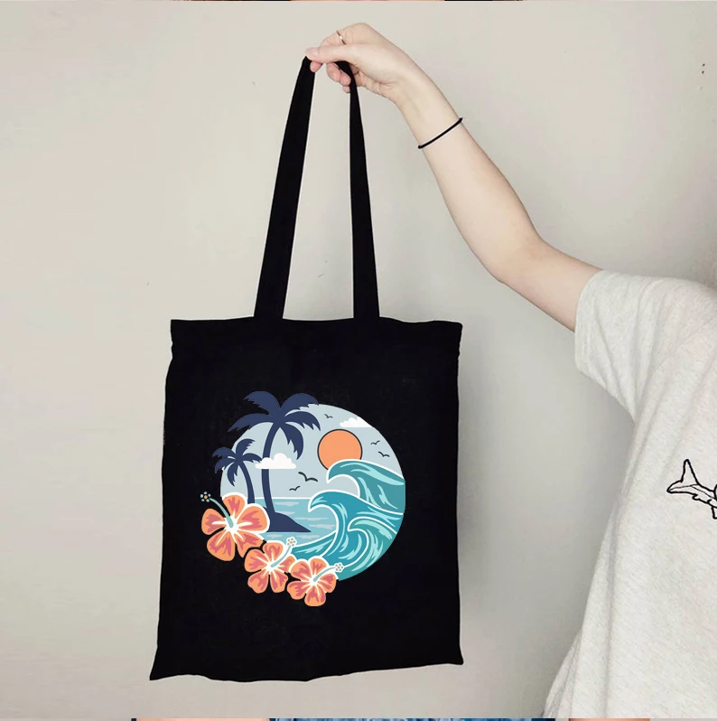 

Ocean Scene Canvas Tote Bag Tropical Plants Island Fashion Tote Bag Reusable Print Shopping Bags Cartoon Travel Summer