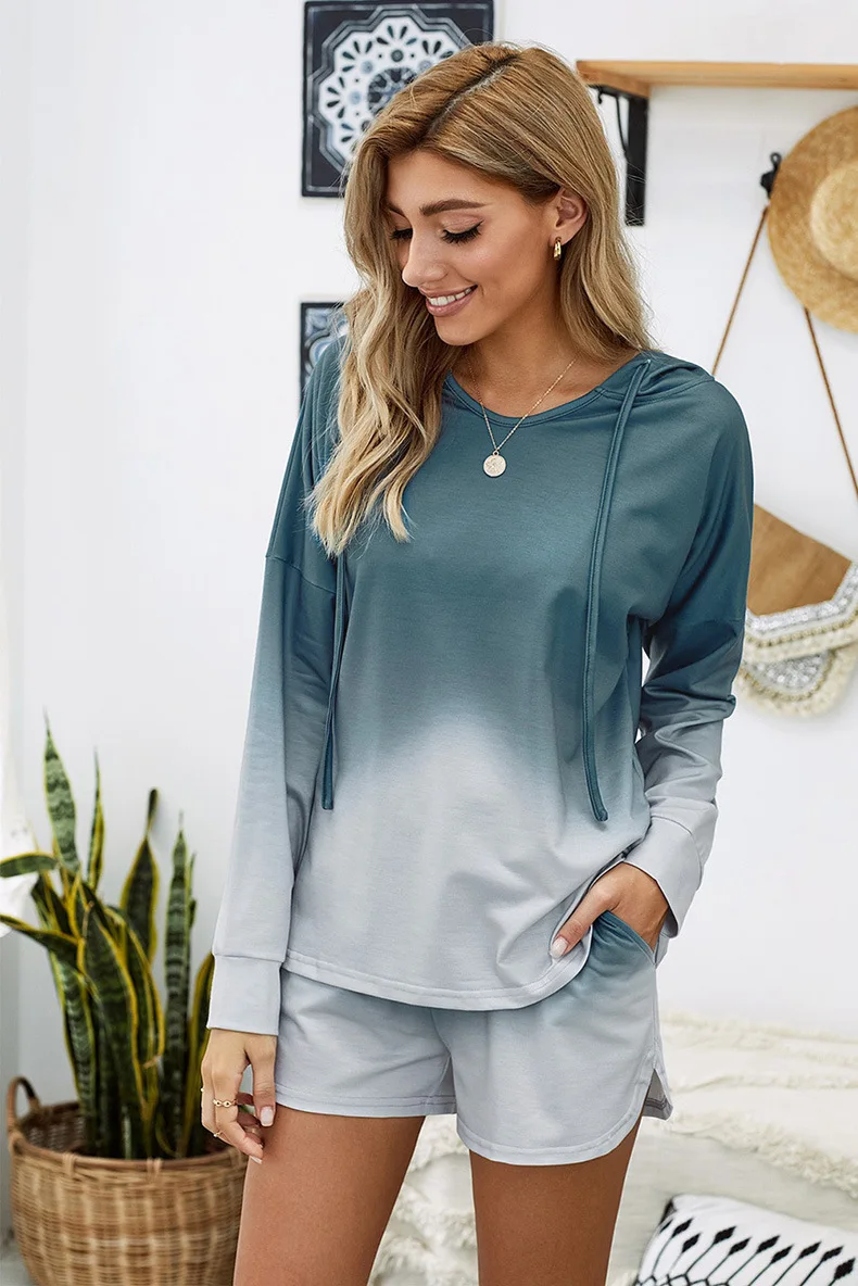 2021 Spring and Autumn New Women's Pajamas Tie-dye Hooded Long-sleeved Shorts Home Service Pijamas Women Sleepwear Sleep Tops