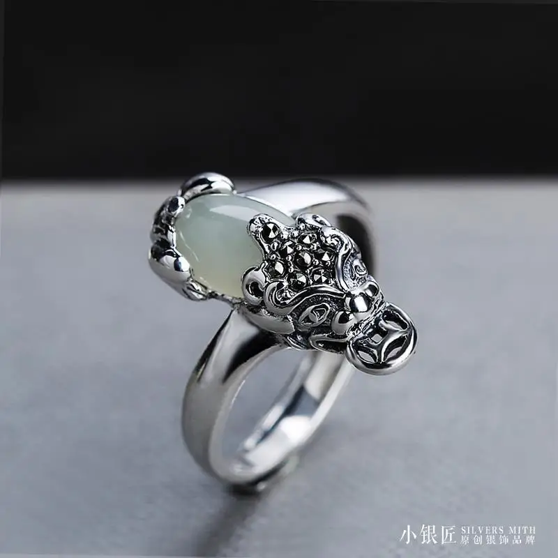 

[Sterling Silver] 925 Sterling Silver Ring Female Natural Hetian Jade Lucky Opening Ring Fashion Elegance Retro Crystal