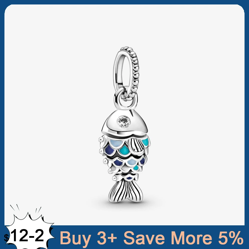 

Genuine 925 Sterling Silver Charm Blue Scaled Fish Beads Fit Original Pandora Bracelet Fine Silver Jewelry Making DIY Gift