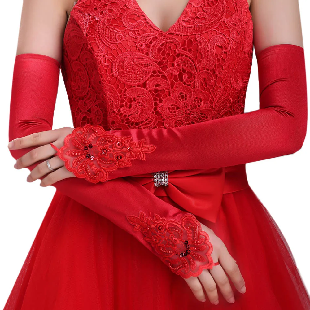 

Exquisite Bride Lace White Gloves Wedding Dress Fingerless Rhinestone Bridal Red Gloves For Wedding Party