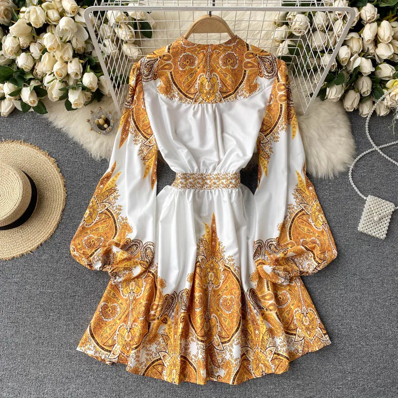 Женское платье ALPHALMODA богемное с длинным рукавом и V-образным вырезом пуговицами