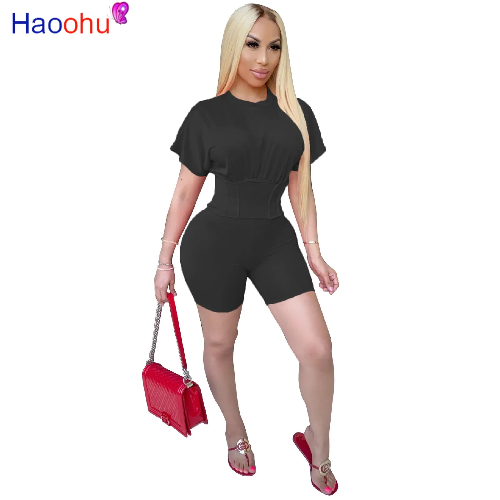 

Комплект из двух предметов HAOOHU, женский летний спортивный костюм, укороченный топ и велосипедные шорты, одежда для отдыха из двух предметов,...