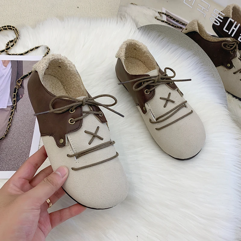 

Retro Women's Shoes 2021 New Casual Shoes Flats Shoes Lace up Flat heel Single Shoes Suede Cotton Shoes Solid Color Comfortable