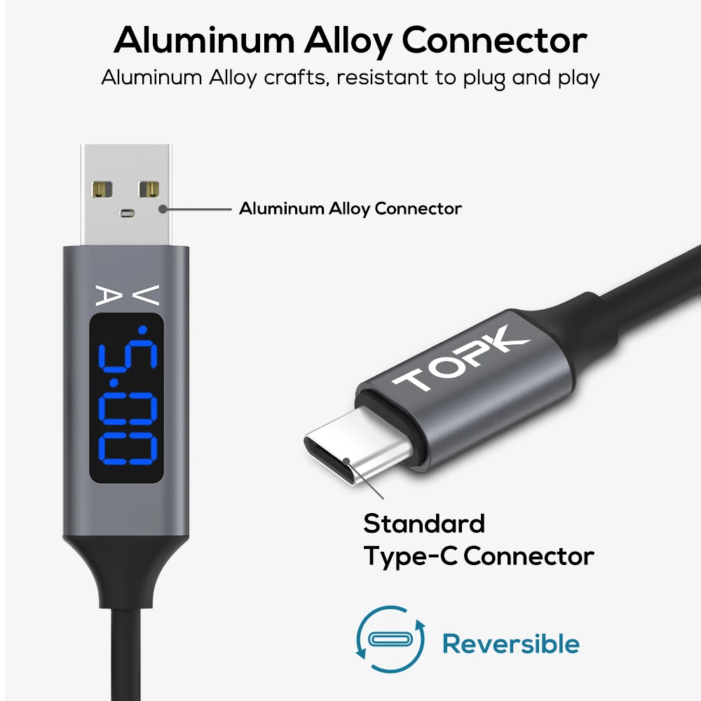 TOPK AC32 LED 3A Кабель с разъемом Micro USB Type C кабель для передачи данных мобильный