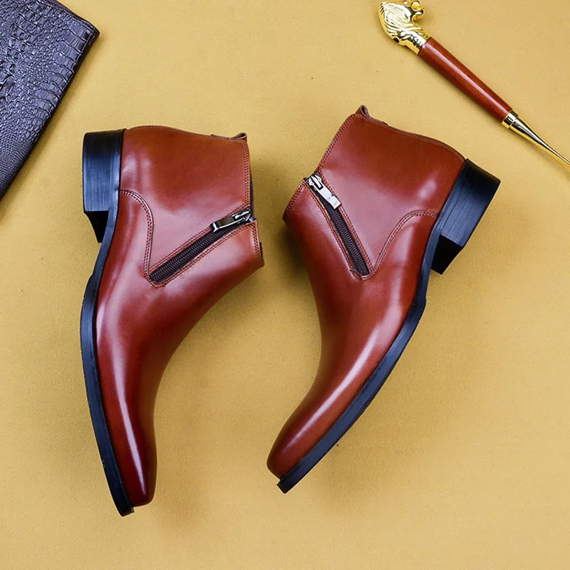 Мужские мотоциклетные ботинки на молнии коричневые ботильоны из натуральной