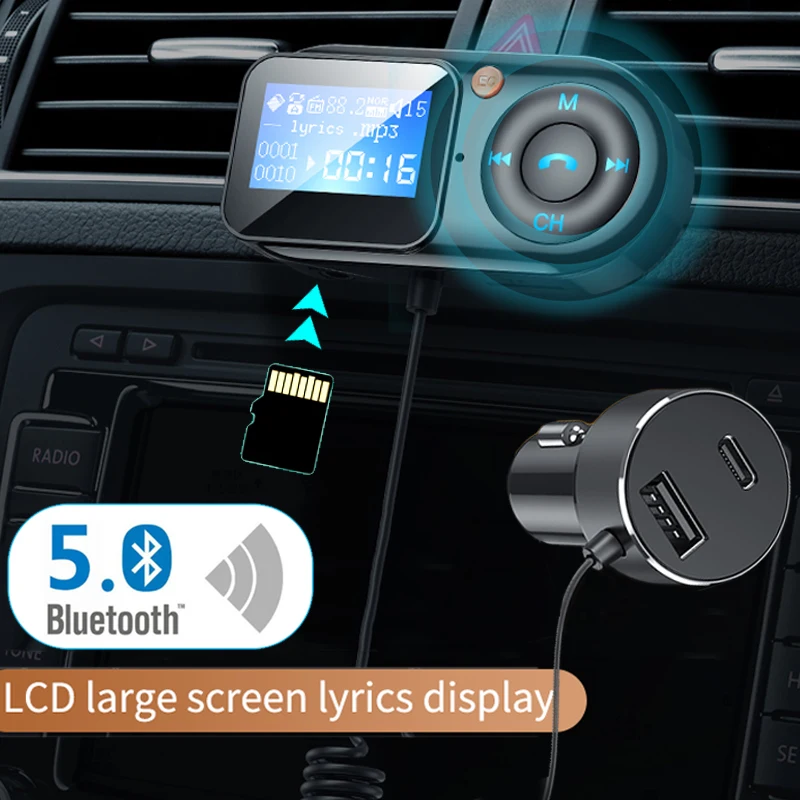 

Автомобильный MP3-плеер с поддержкой Bluetooth 5,0, FM-трансмиттер, AUX аудио адаптер, USB Тип C PD, быстрая зарядка, FM-модулятор с поддержкой TF