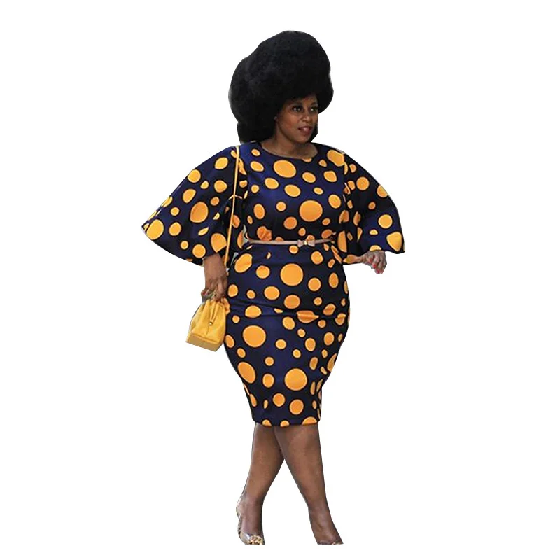 

Plus Size 5XL African Pencil Dress For Women Elegant Orange Dot Bodycon Knee Length Skinny Flare Sleeve Work Business Dress