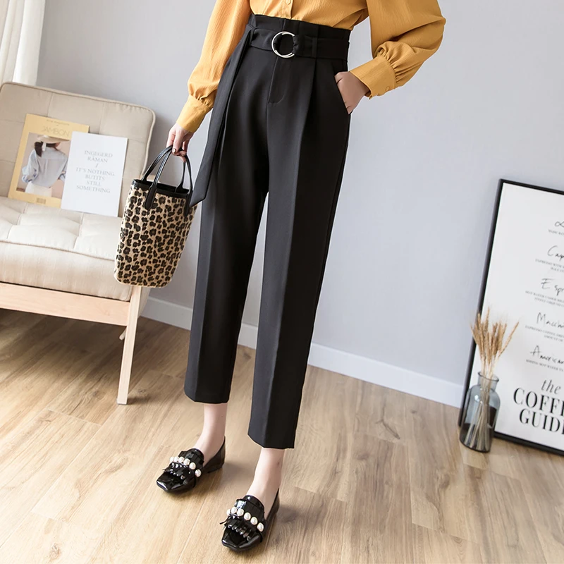 REALEFT 2020 New Spring Korean Casual Women Pant with Belt Female Work Wear Pants High Waist Trousers Office Lady | Женская одежда