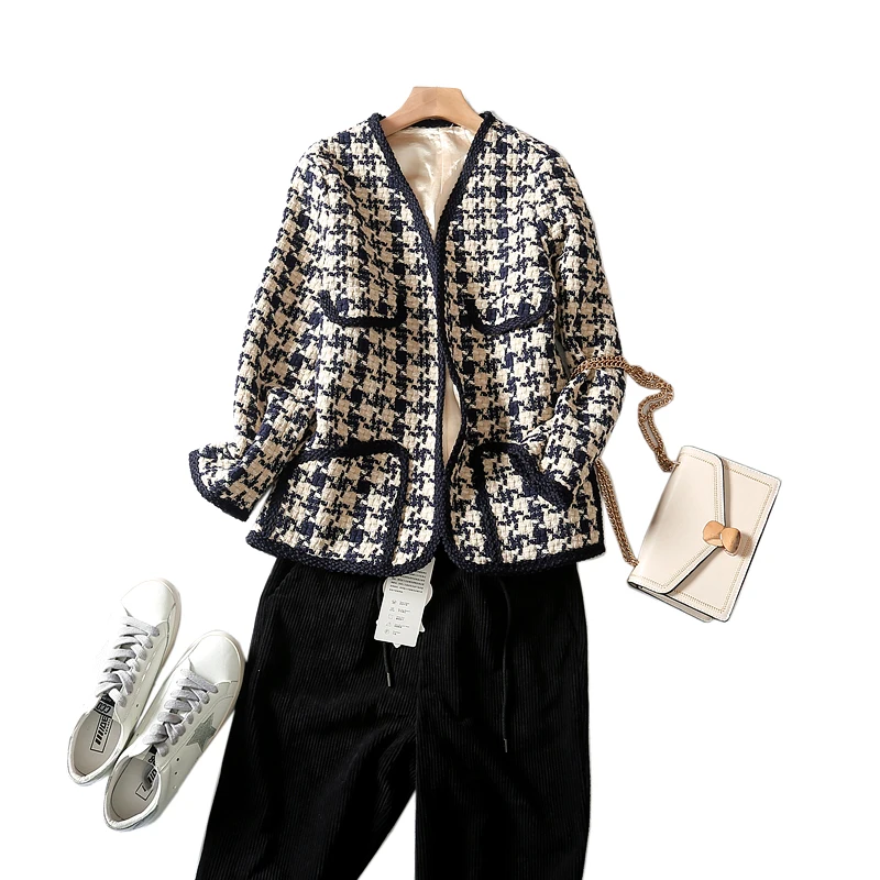 

Houndstooth Winter Long Sleeved Tweed Women Coat Female Style Black Beige Plaid Ladies Jacket Plus Size