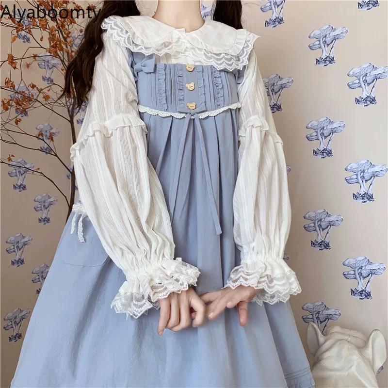 

Japanese Lolita Style Spring Autumn Women Blouse Peter Pan Collar White Apricot Sweet Blusas Cute Kawaii Lace Ruffles JSK Shirt