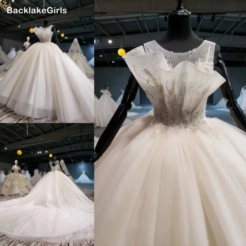 Boho Свадебное платье 2020 Новое блестящее роскошное бальное с круглым вырезом и