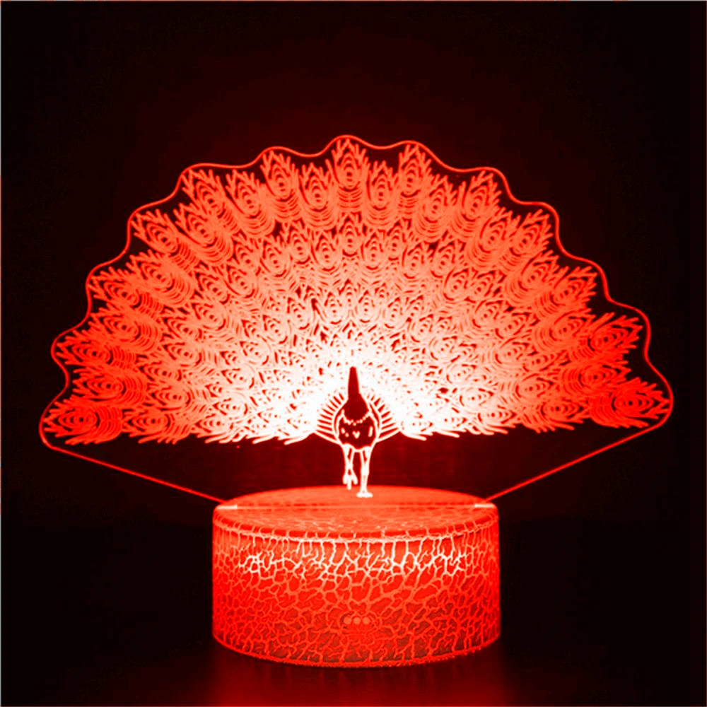 

Small night light 3D animal peacock 7 color changing hologram bird shape LED gift table lamp induction home room decoration lamp