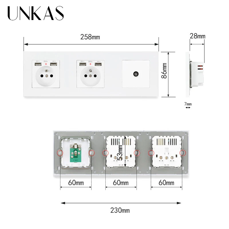 Пластиковая панель UNKAS двойная французская стандартная розетка с 4 USB портами для