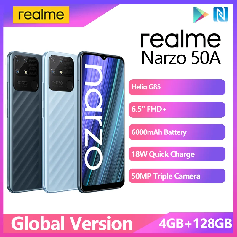 

Смартфон Realme Narzo 50A, восемь ядер, экран 6,5 дюйма, 4 Гб + 128 Гб, тройная камера 50 МП, 6000 мАч