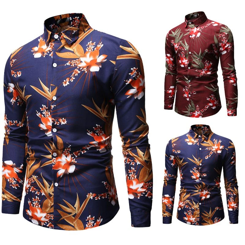 

2019 New Men's Long Sleeve Flower Printed Shirt Male Slim fit Floral Print Shirt Men Casual Basic Tops Shirts 8 Colors M-3XL