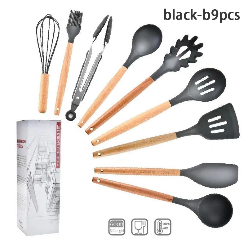 GJCJ003-black-b9pcs Силиконовый набор кухонной посуды, кухонные наборы, кухонный набор, аксессуары, гаджеты, инструменты с держателем, коробка с антипригарным покрытием, экологичный - Цвет: GJCJ003-black-b9pcs