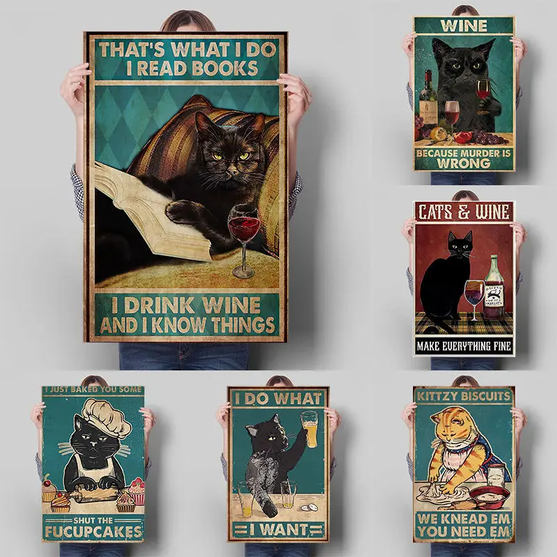

Vintage Abstract Style Decoration Cat Drinking Wine Read Book Posters Canvas Painting Prints Wall Art for Living Room Home Decor