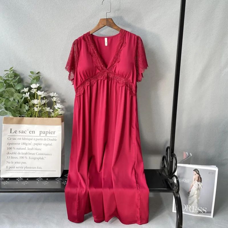 Women Sexy Long Nightdress Sleepwear Lace Satin Patchwork Nightgown Intimate Lingerie Casual Home Clothing Summer New Homewear