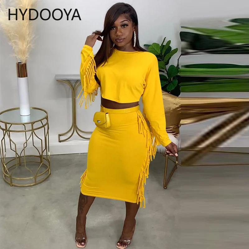

Autumn Winter Fashion Tassels Skirts Womens 2021 Sexy O-Neck Long Sleeve Short Tops+Package Hip Skirt Midi Two Pieces Party Sets