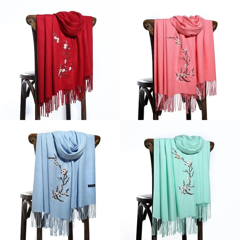 Осень-зима 2020 новая однотонная кашемировая теплая шаль с вышивкой в виде цветка