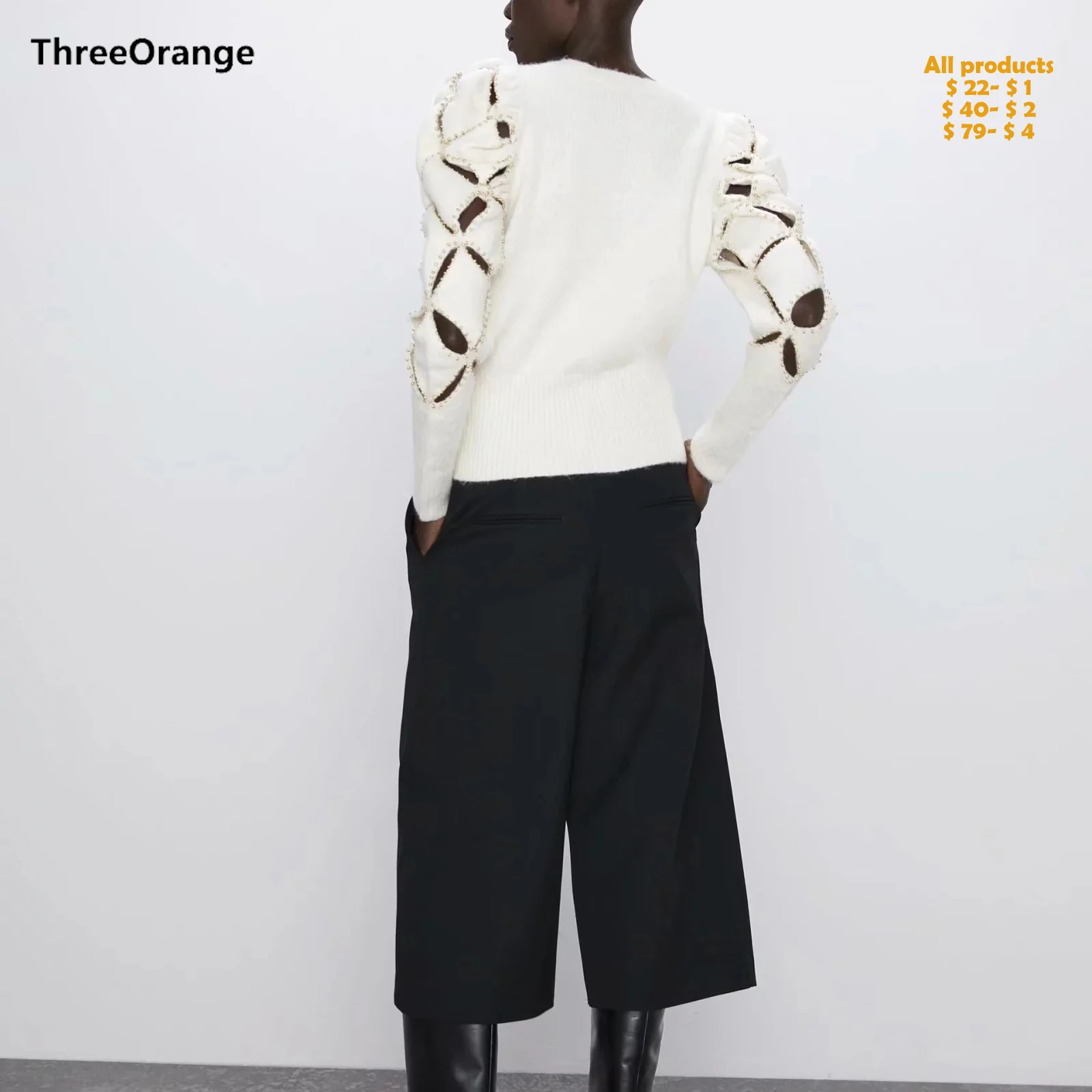 Женский трикотажный свитер ZA белый Повседневный пуловер с вырезами и золотыми