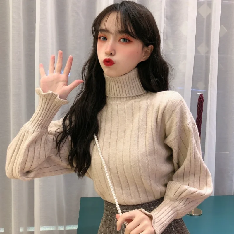 

Женский свитер с высоким воротником, однотонный пуловер, вязаный джемпер, осень 2021