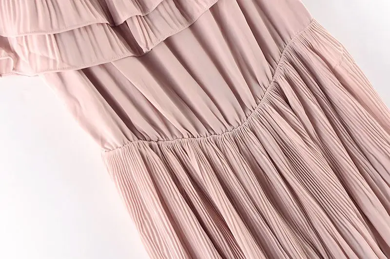 

Pleated Elastic One-neck Nude Pink Strapless Sexy High Waist Temperament Plus Size Summer Dress A344