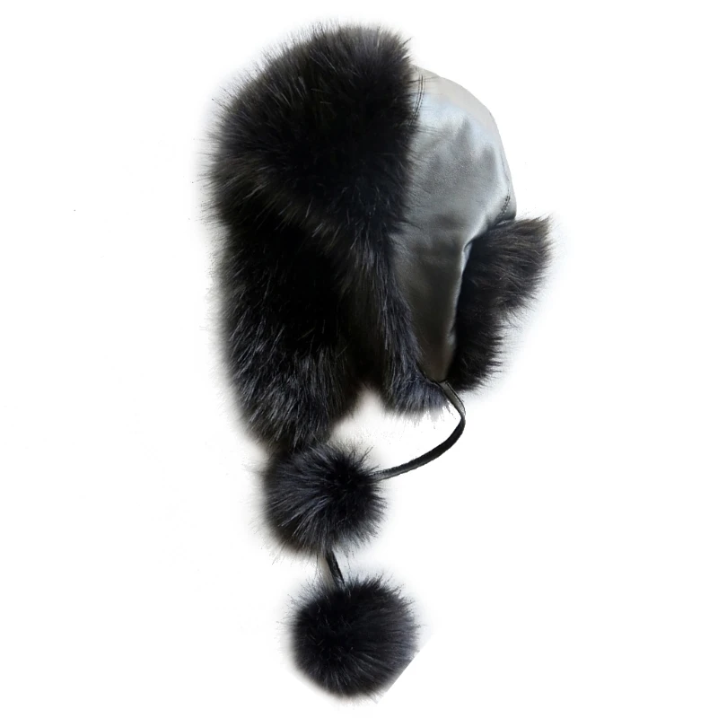 

2-10 Years Fashion Winter Kids Hat Pu Leather Big Ball Fur Plush Windproof Hat for Children Boys Girls Warm Skiing Hat
