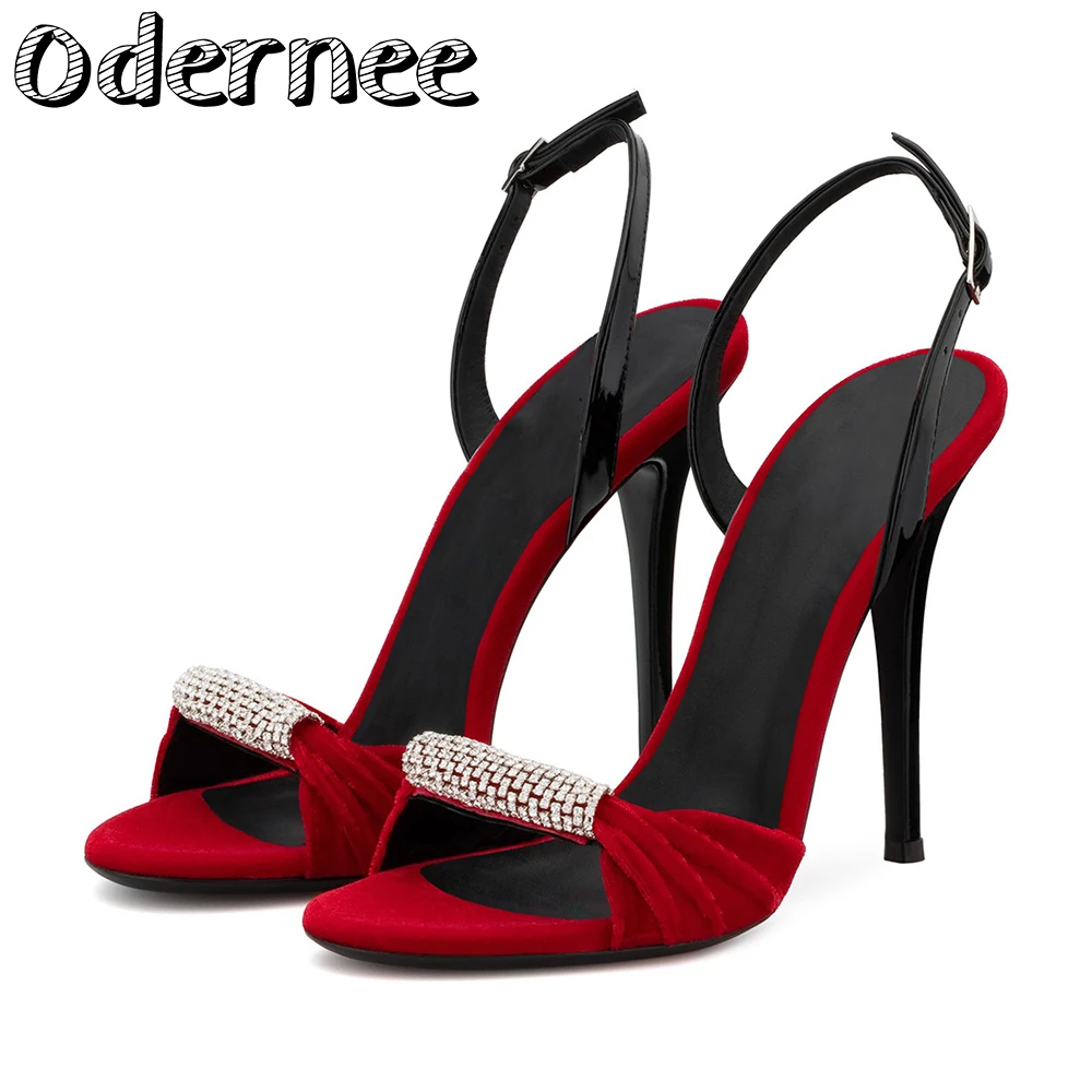 

ODERNEE Sandals Women 2021 new European and American ladies red black Crystal knotted high heel sandals women's shoes Size 34-46