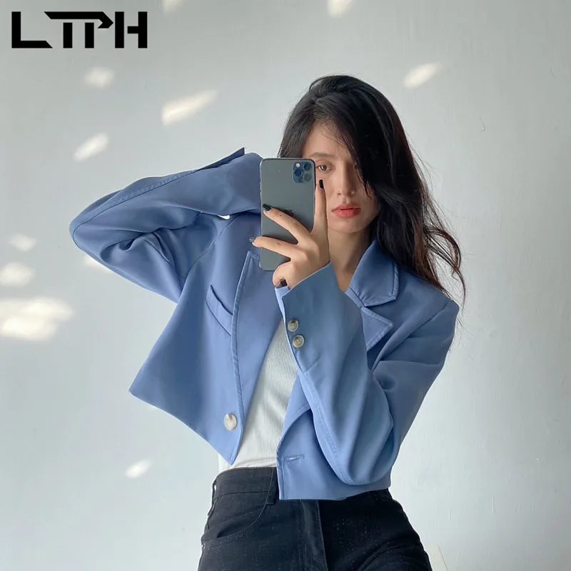 

LTPH Korean fashion blue cropped blazers women long sleeve jackets single button casual office ladies suit coat 2021 autumn new