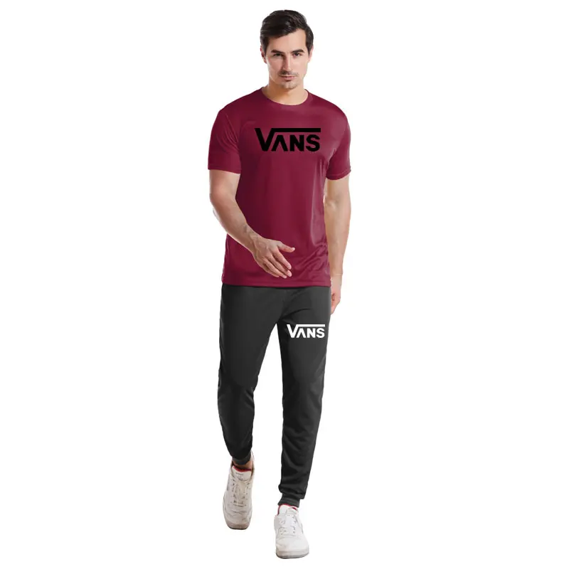 

Summer 2021 Men Casual Sweat Suit Pure Color Round Collar Outdoors Jogging Breathable Trousers With Short Sleeves Two-piece Set