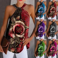 2021 spring and summer plus size womens t shirt halter rose print vest casual sexy top womens clothing