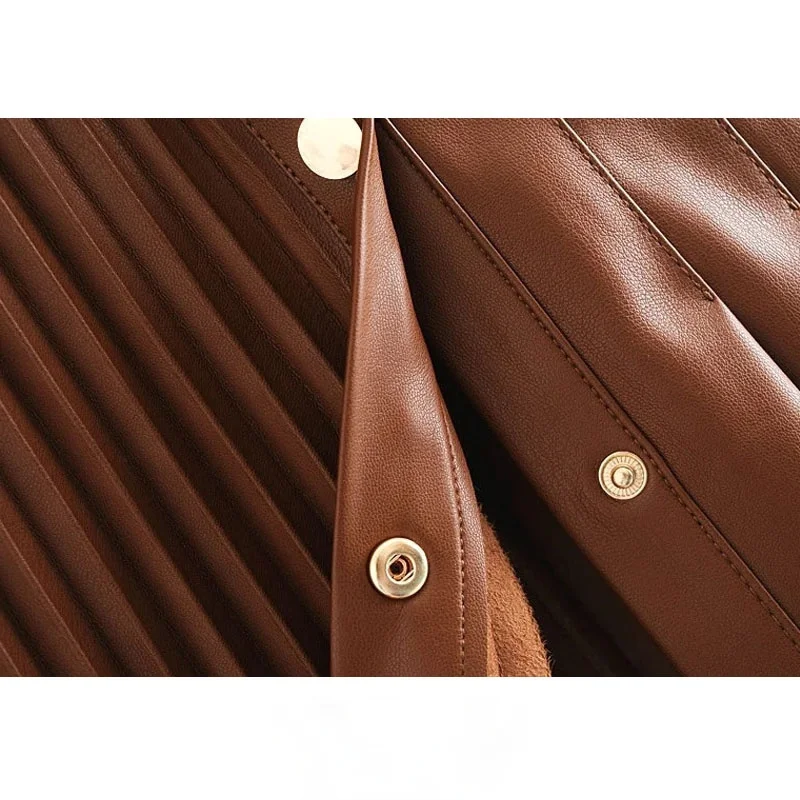 

Women Chic Fashion Pleated Faux Leather Mini Skirt Vintage With Metal Snap Buttons Female Skirts Mujer
