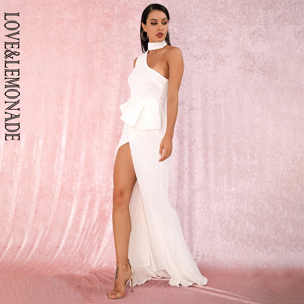 LOVE& LEMONADE A/W сексуальные белые Холтер без бретелек плечи Раффлед Сплит эластичные Блестки без рукавов вечерние платья макси LM81953