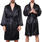 Мужской банный халат, с карманами, с поясом на талии, домашняя одежда для сна, Мужская Ночная рубашка, летний имитационный шелк