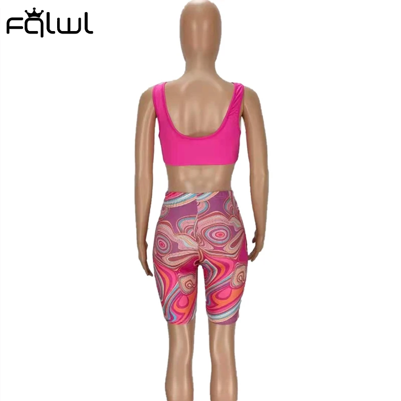 

FQLWL Summer Sleeveless Backless Crop Tops Shorts Suits Matchinng Sets Pink Print Sexy Party Bodycon 2 Piece Sets Womens Outfits