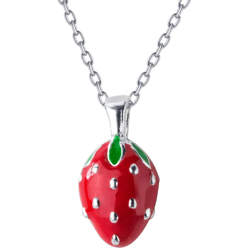 

100% 925 Sterling Silver Jewelry Women's Fashion Cute Strawberry Pendant Short 41cm Necklace Cute Gift Girls Lady