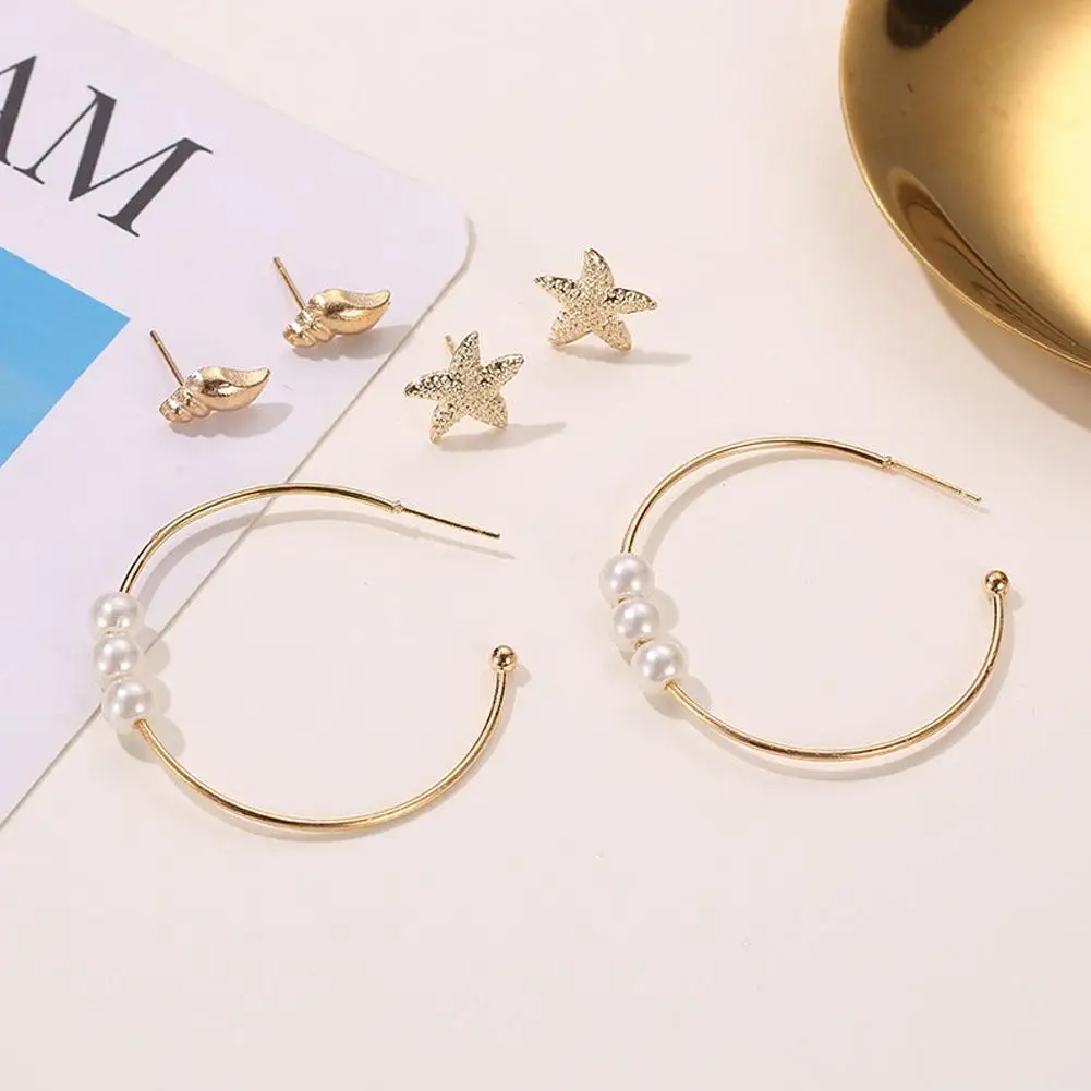 3 пары женские серьги в океанском стиле морская звезда раковина бусина гвоздики