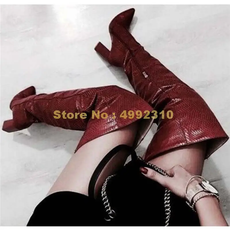 

Fashion Female Pointed Toe Thigh High Boots Thick High Heels Zip Over The Knee Boots Women Sexy Party Shoes
