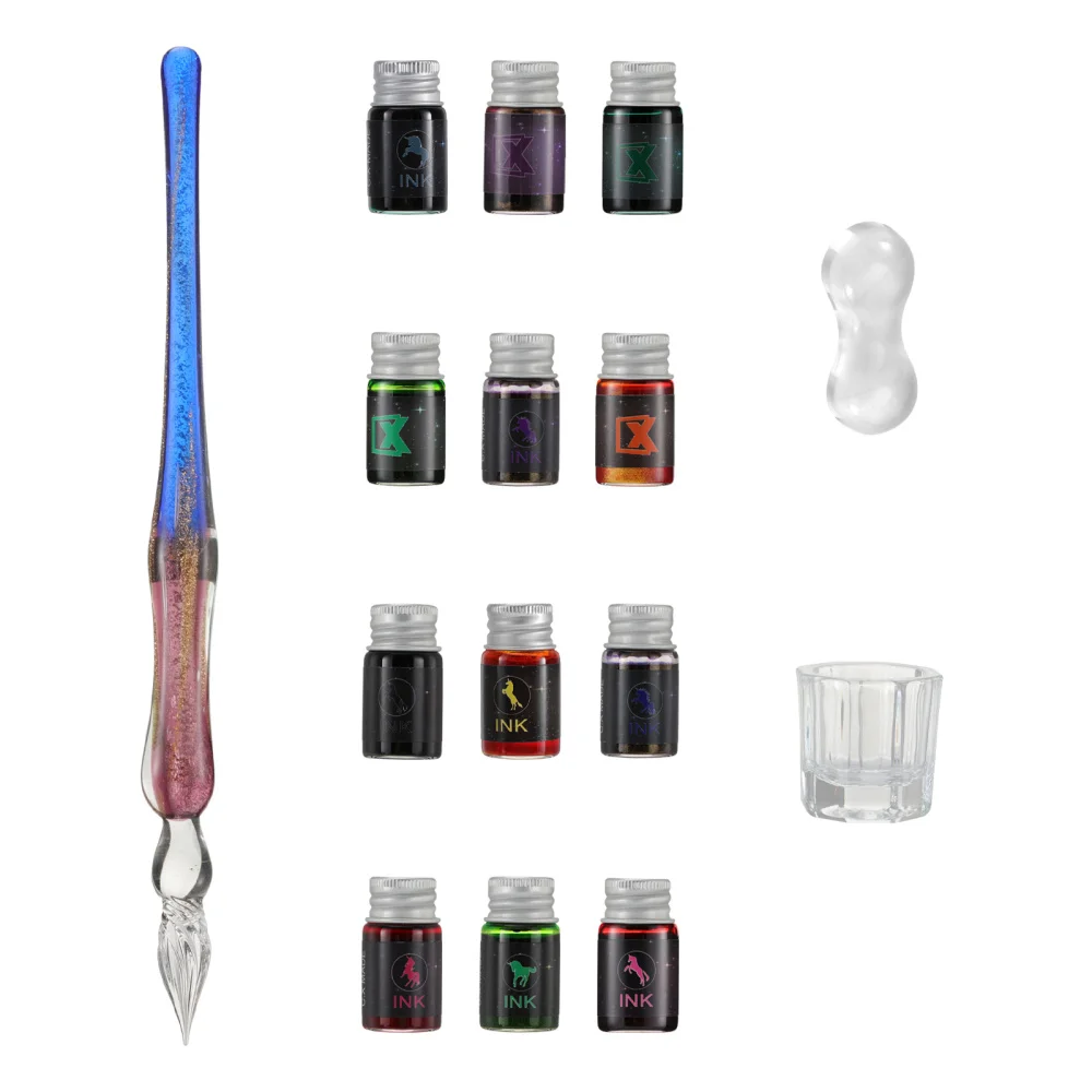 

1 Set of Glass Dipped Pen Ink Calligraphy Pens Set with 12 Colorful Inks