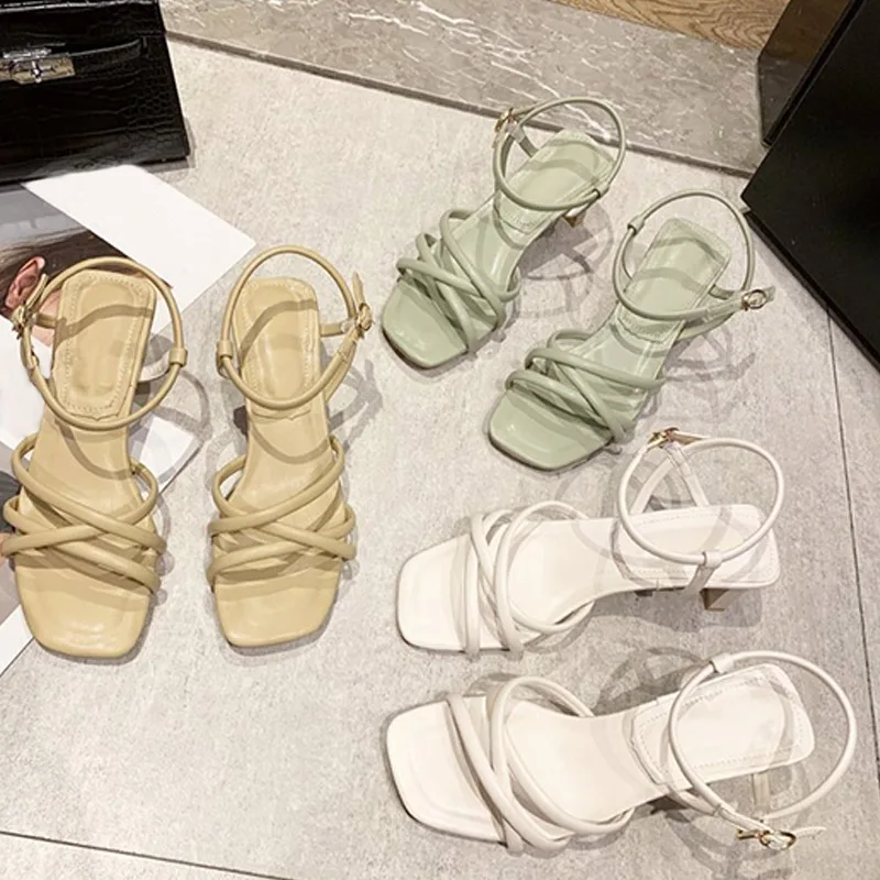 

Woman's Sandals Square Toe Cross-Tied Buckle Strap Solid Female Summer Shoes Fashion Elegant Leisure Concise Ladies Footwear