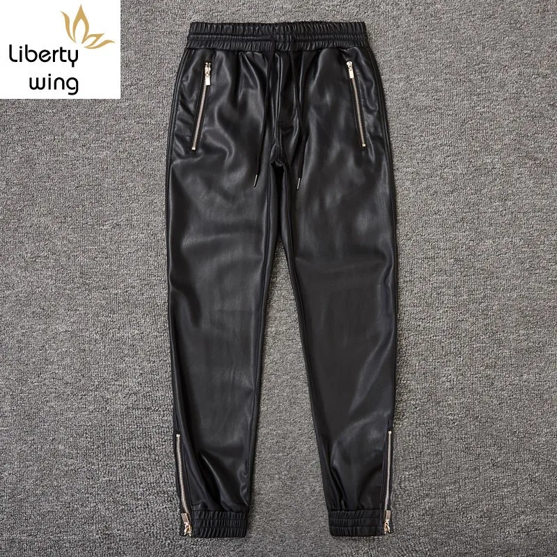Windproof Casual Warm Leather Men Top Quality Loose Fit Pencil Moto Pants Elastic Waist Black Street Hip Hop Trousers