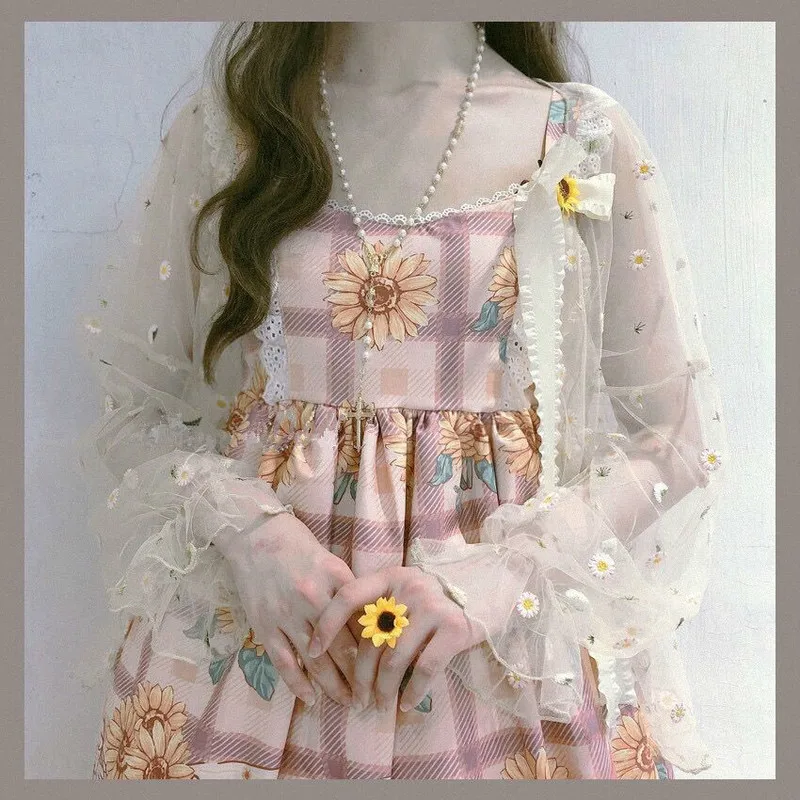 Женское платье пончо с подсолнухами и бантом летнее принцессы в японском стиле