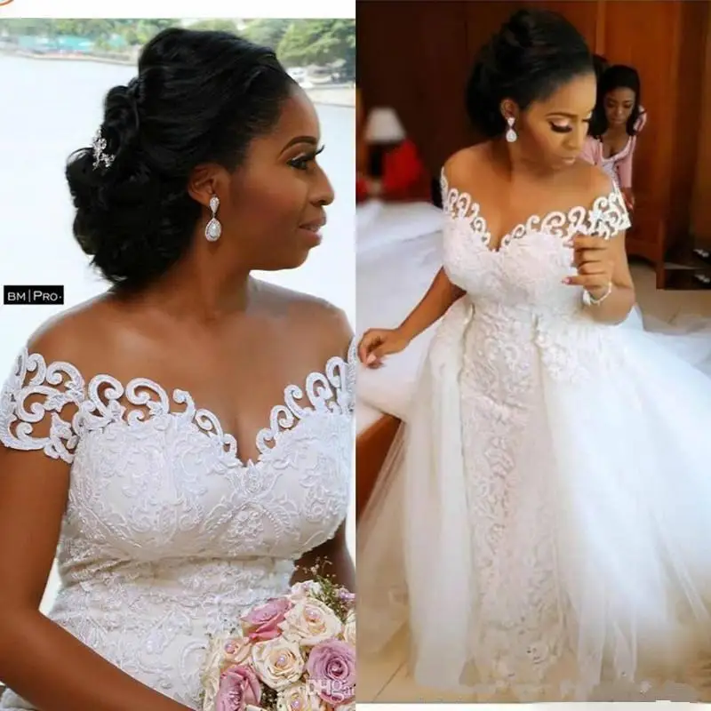 

African Nigerian Mermaid Wedding Dresses Detachable Train Full Lace Applique Sheer Off The Shoulder Short Sleeve Bridal