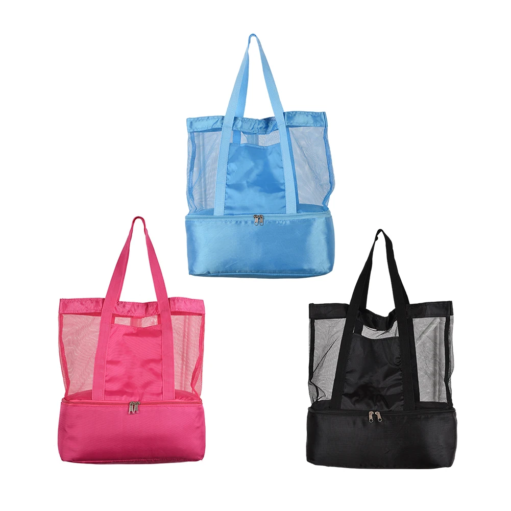 

Picnic Bag Beach Tote Mesh Bag With Refrigerator Cooler Compartment Zipper Storage Bag For Summer Travel Portable Picnic Travel
